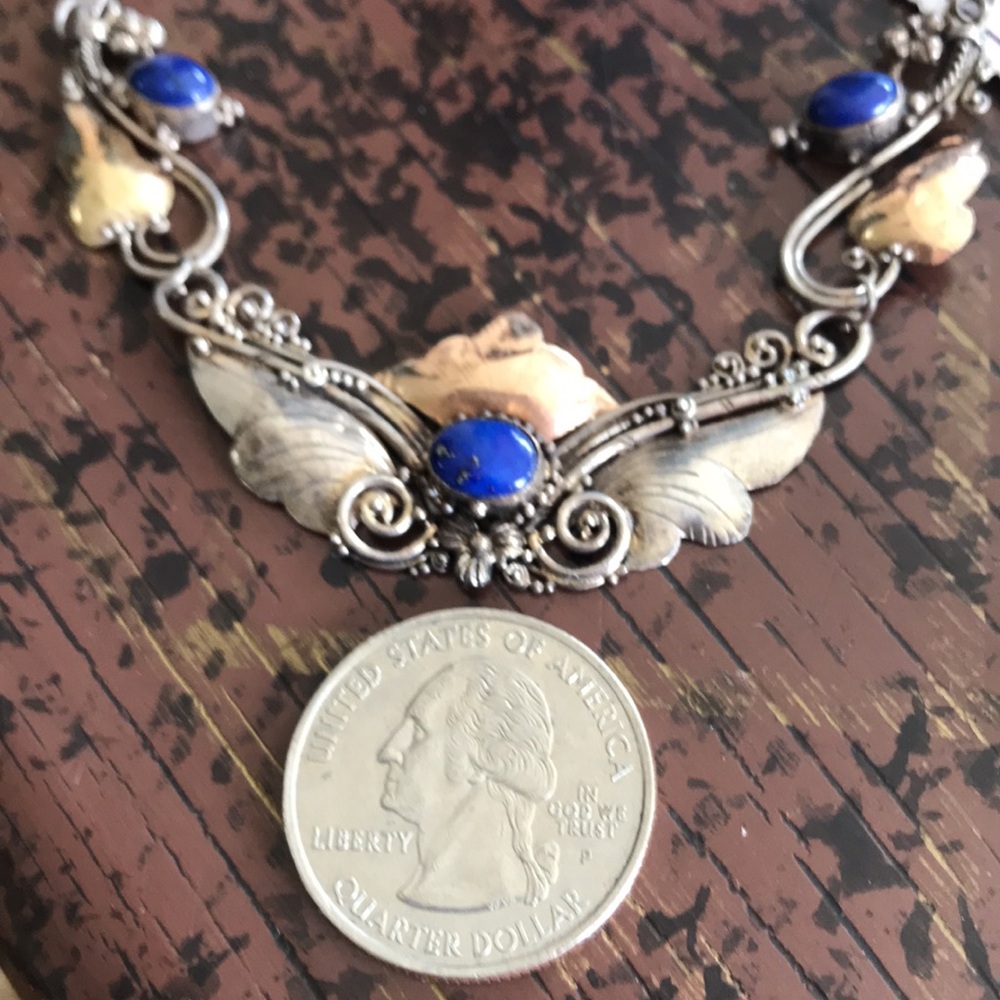 Antique Art Nouveau Sterling Silver and Gold-tone Lapis Necklace - Picture 9 of 10